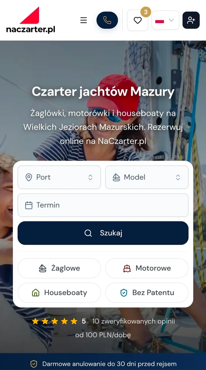 Naczarter — wyszukiwarka czarteru jachtów na Mazurach (mobile)